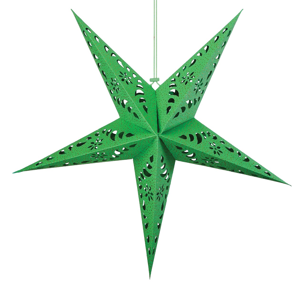 In the Breeze 9178 — Green Paper Star Lantern — Hanging Party and Home Décor with Painted Gold Accents — Handmade, Dyed Paper